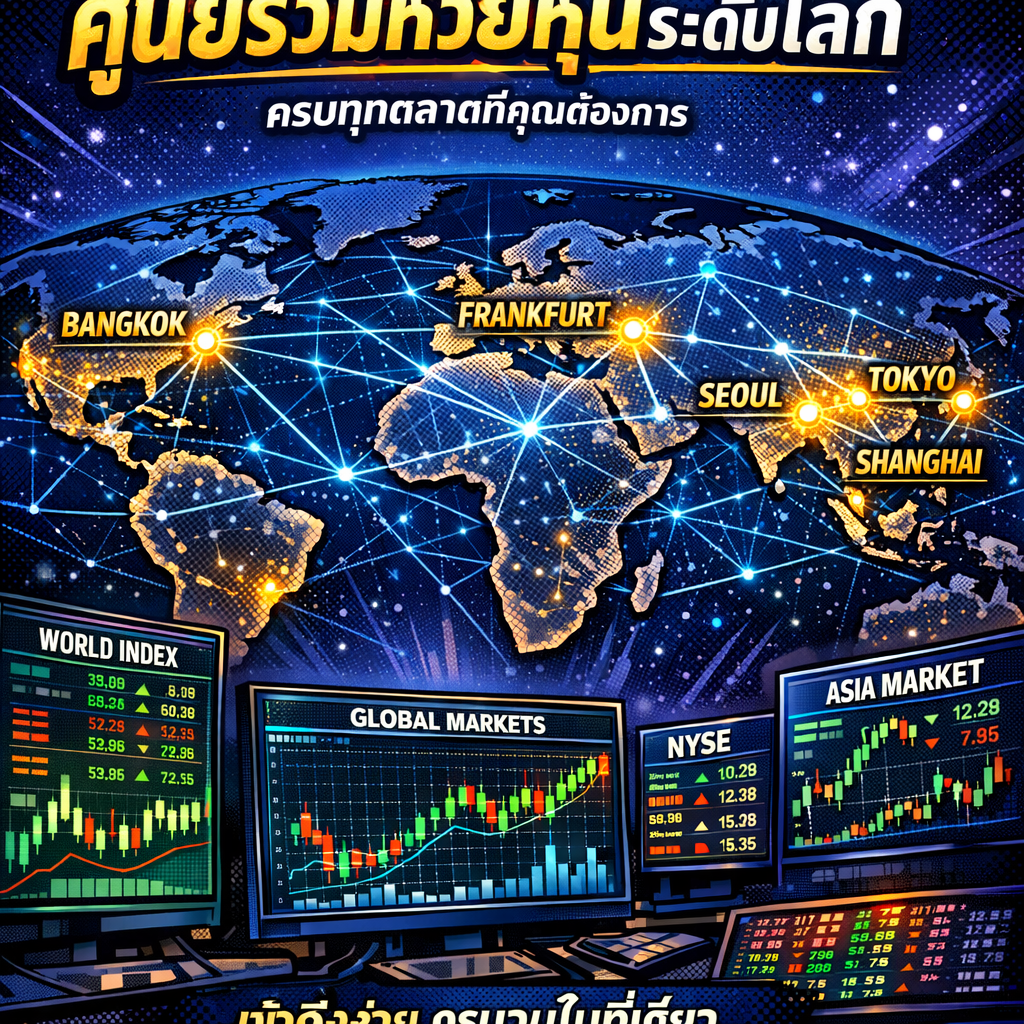 แผนที่โลกแสดงตลาดหวยหุ้นระดับโลกพร้อมจุดเชื่อมต่อเรืองแสงเชื่อมโยงกรุงเทพฯ โตเกียว นิวยอร์ก เซี่ยงไฮ้ โซล ลอนดอน และแฟรงก์เฟิร์ต พร้อมข้อความภาษาไทยระบุตัวเลือกหวยหุ้นนานาชาติที่มีให้บริการบนแพลตฟอร์ม HUAYHOON.ASIA