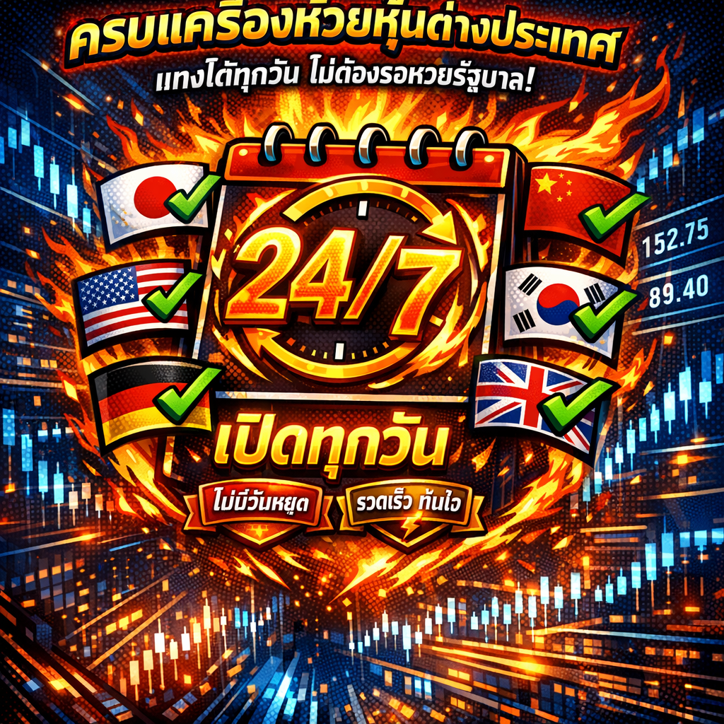 ภาพกราฟิกแสดงนาฬิกา 24 ชั่วโมงล้อมรอบด้วยเปลวไฟและธงชาติต่างประเทศหลายประเทศพร้อมเครื่องหมายถูก แสดงถึงการให้บริการหวยหุ้นต่างประเทศที่เปิดแทงได้ทุกวันตลอด 24 ชั่วโมงบนแพลตฟอร์ม HUAYHOON.ASIA