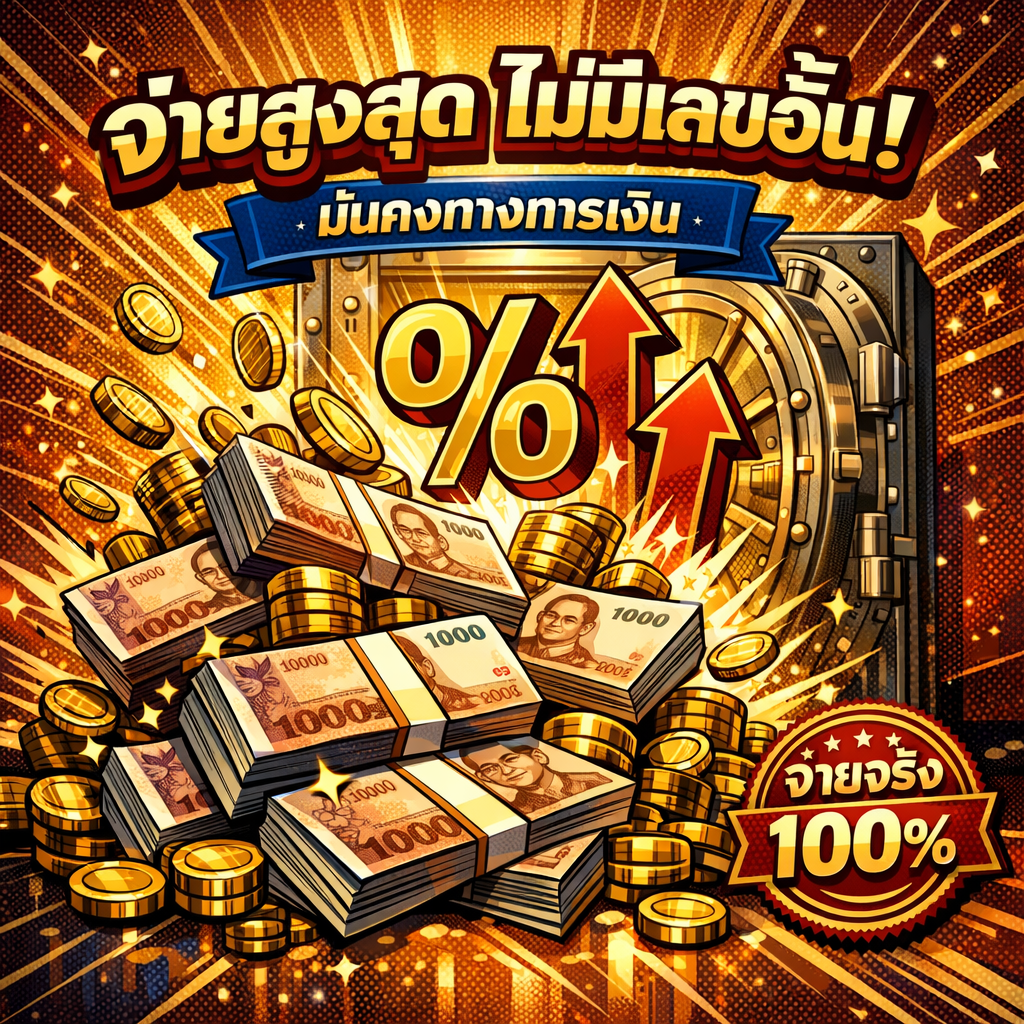 ภาพกองธนบัตรไทยและเหรียญทองระเบิดขึ้นสู่ท้องฟ้าพร้อมตู้นิรภัยเปิดส่องแสงสีทอง แสดงถึงความมั่นคงทางการเงินและอัตราจ่ายสูงสุดไม่มีเลขอั้นของ HUAYHOON.ASIA