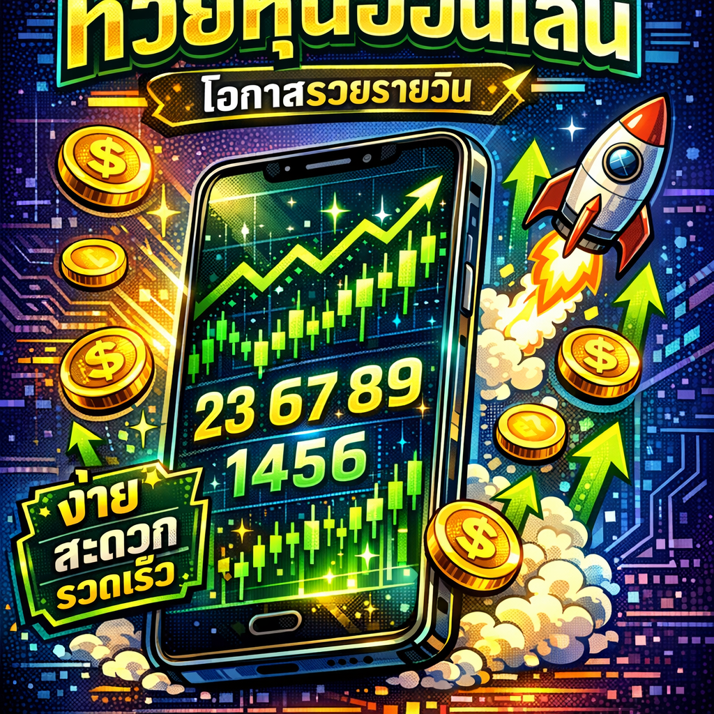 ภาพสมาร์ทโฟนแสดงกราฟตลาดหุ้นและตัวเลขหวยในรูปแบบโฮโลแกรมล้อมรอบด้วยเหรียญทองและลูกศรชี้ขึ้น พร้อมไอคอนจรวดพุ่งขึ้น แสดงถึงโอกาสในการรวยรายวันจากหวยหุ้นออนไลน์
