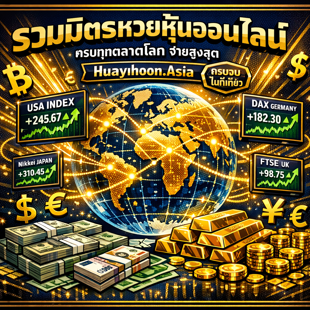ภาพโลกดิจิทัลพร้อมจุดเชื่อมต่อส่องสว่างทั่วทุกทวีป หน้าจอลอยแสดงกราฟตลาดหุ้นจากหลายประเทศ ล้อมรอบด้วยกองธนบัตรและทองคำ แสดงถึงการรวมหวยหุ้นออนไลน์ทุกตลาดโลกที่จ่ายสูงสุดบน Huayhoon.Asia