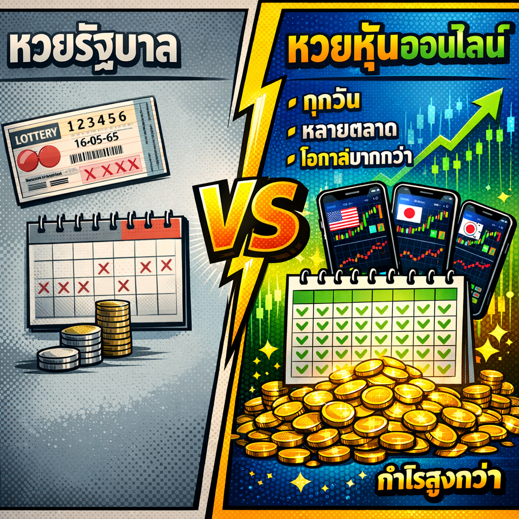 ภาพเปรียบเทียบระหว่างหวยรัฐบาลไทยและหวยหุ้นออนไลน์แบบแยกครึ่ง ด้านซ้ายแสดงสลากรัฐบาลและเหรียญทองจำนวนน้อย ด้านขวาแสดงสมาร์ทโฟนหลายเครื่องพร้อมตลาดหุ้นนานาชาติและเหรียญทองล้นมือ พร้อมกราฟและข้อความเปรียบเทียบโอกาสทำกำไร